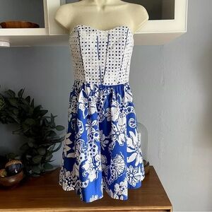 Lilly Pulitzer Ferris Blue white floral print eyelet corset strapless dress
